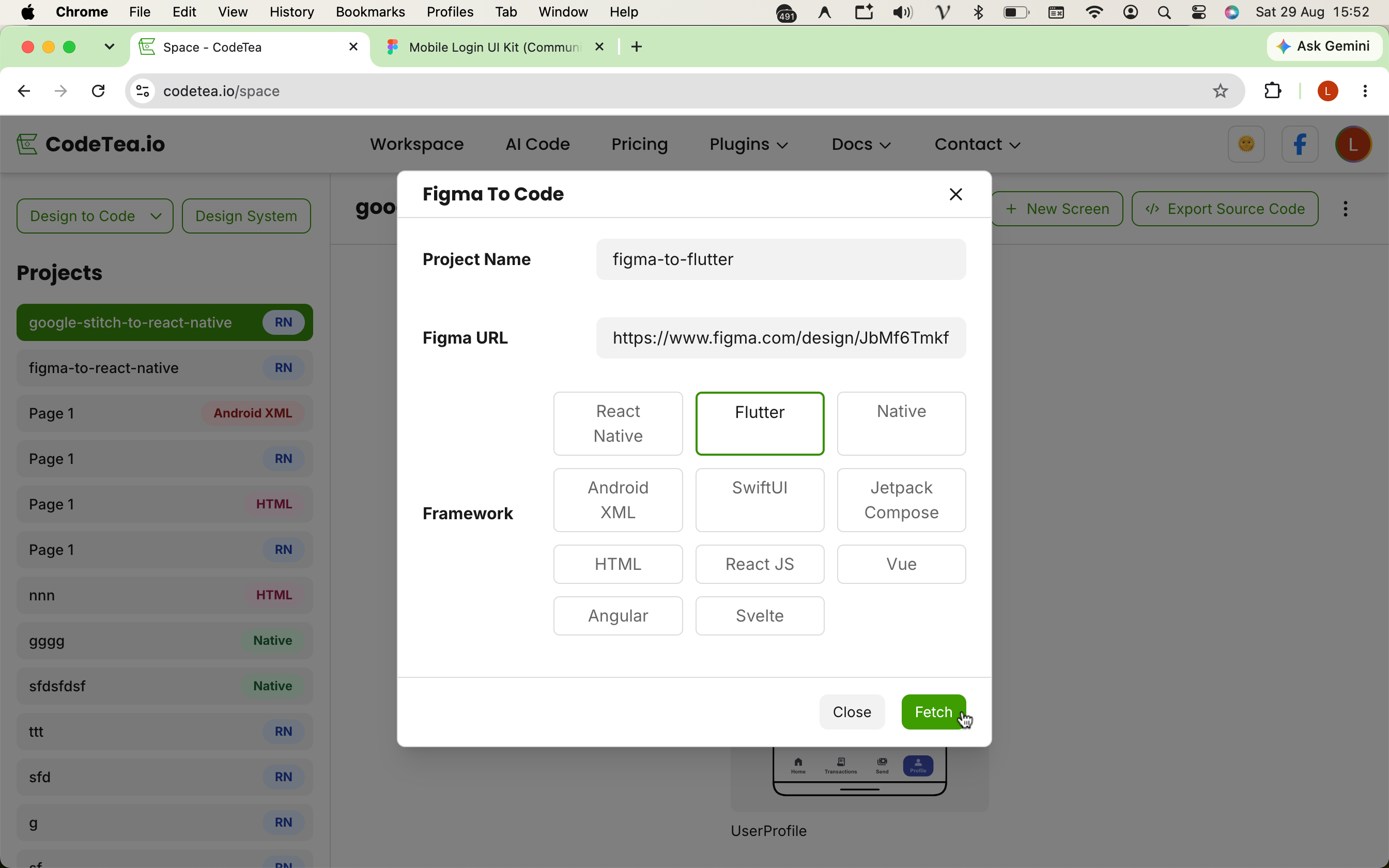 Step 1: Enter your project name, paste your Figma URL into CodeTea, select Flutter as the target framework, and click Fetch.
