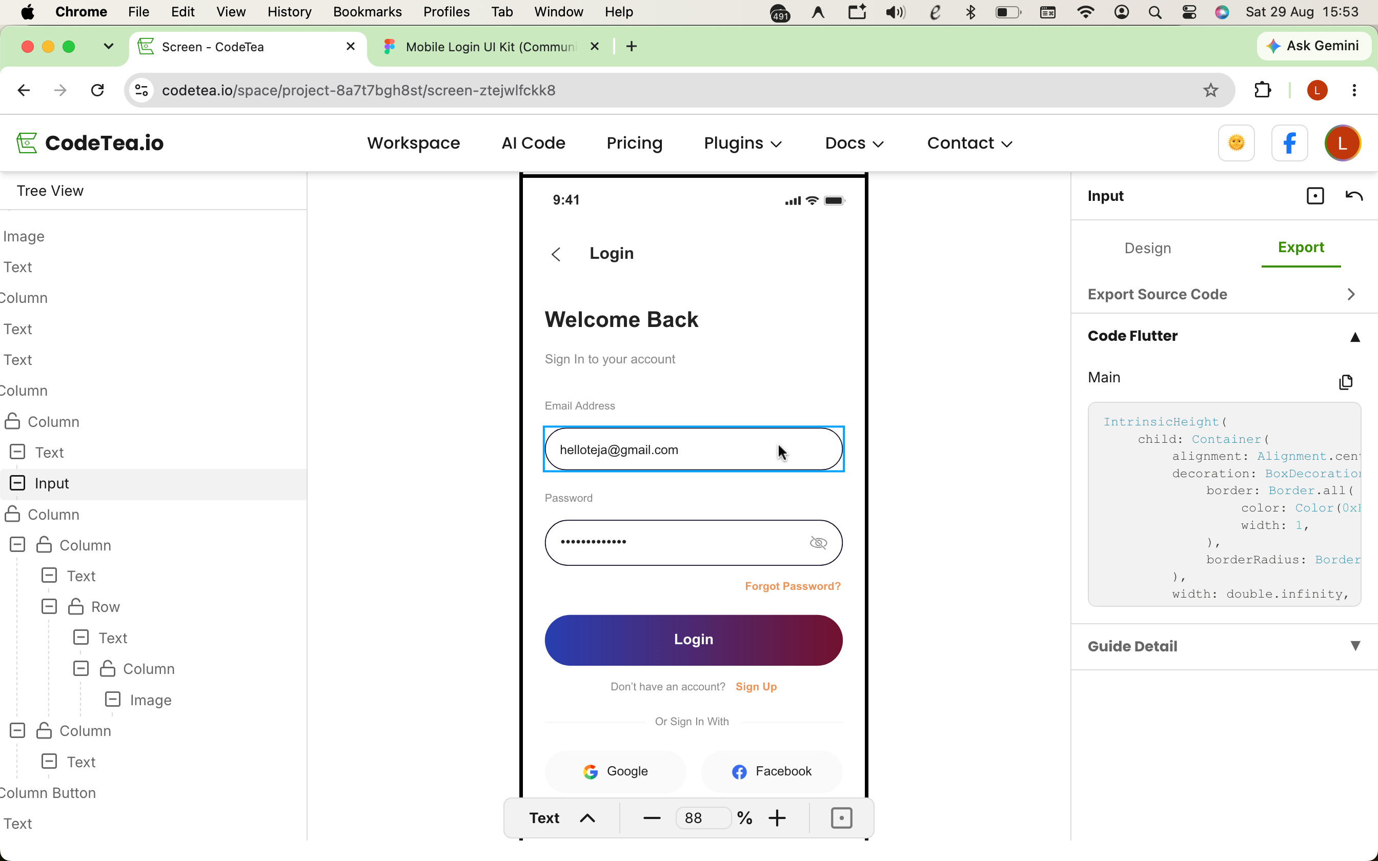 Step 4: Click on any element on the interface (like a Button or Card) to preview its isolated Dart Widget code.