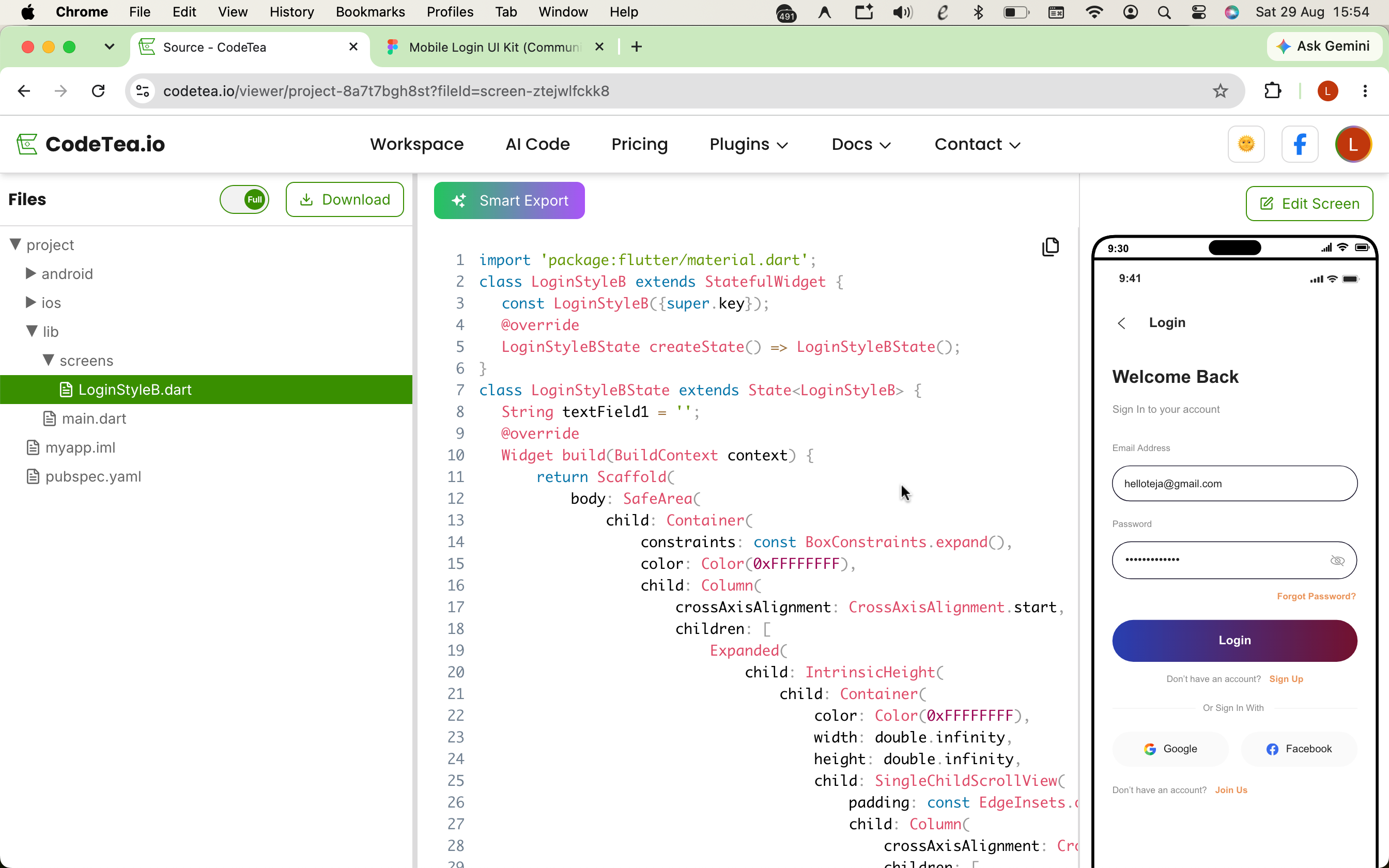 Step 5: Export the entire screen into fully functional Flutter source code with a standardized Row/Column structure.
