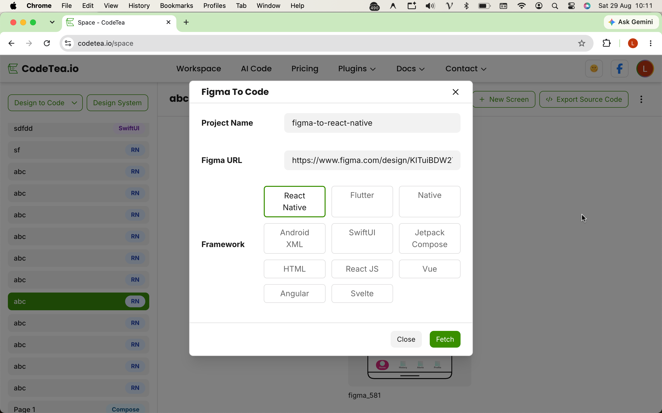 Image guide: enter project name, Figma URL, select React Native framework, and click fetch.