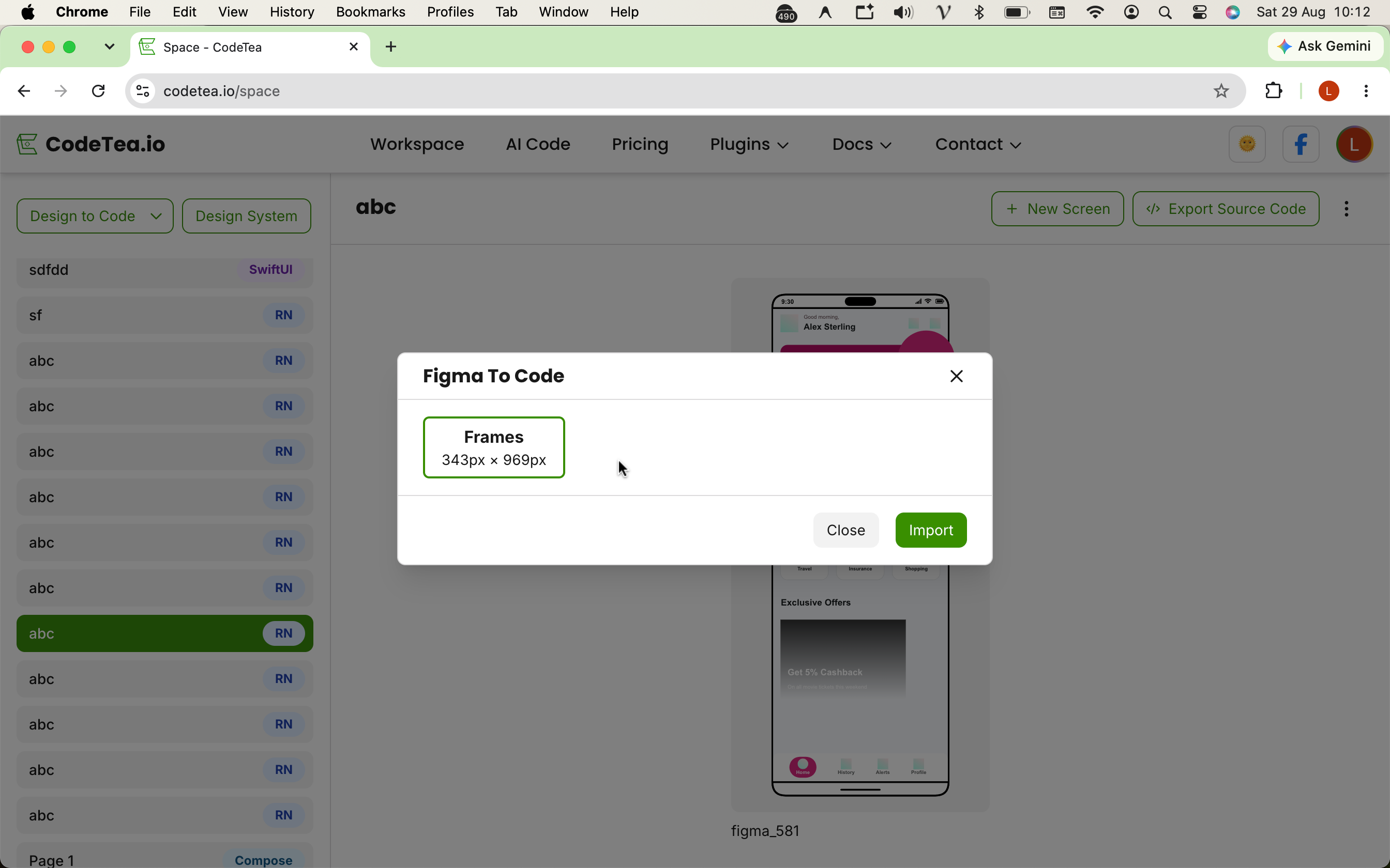 After granting read permissions and clicking fetch, choose the frame to convert to React Native code.