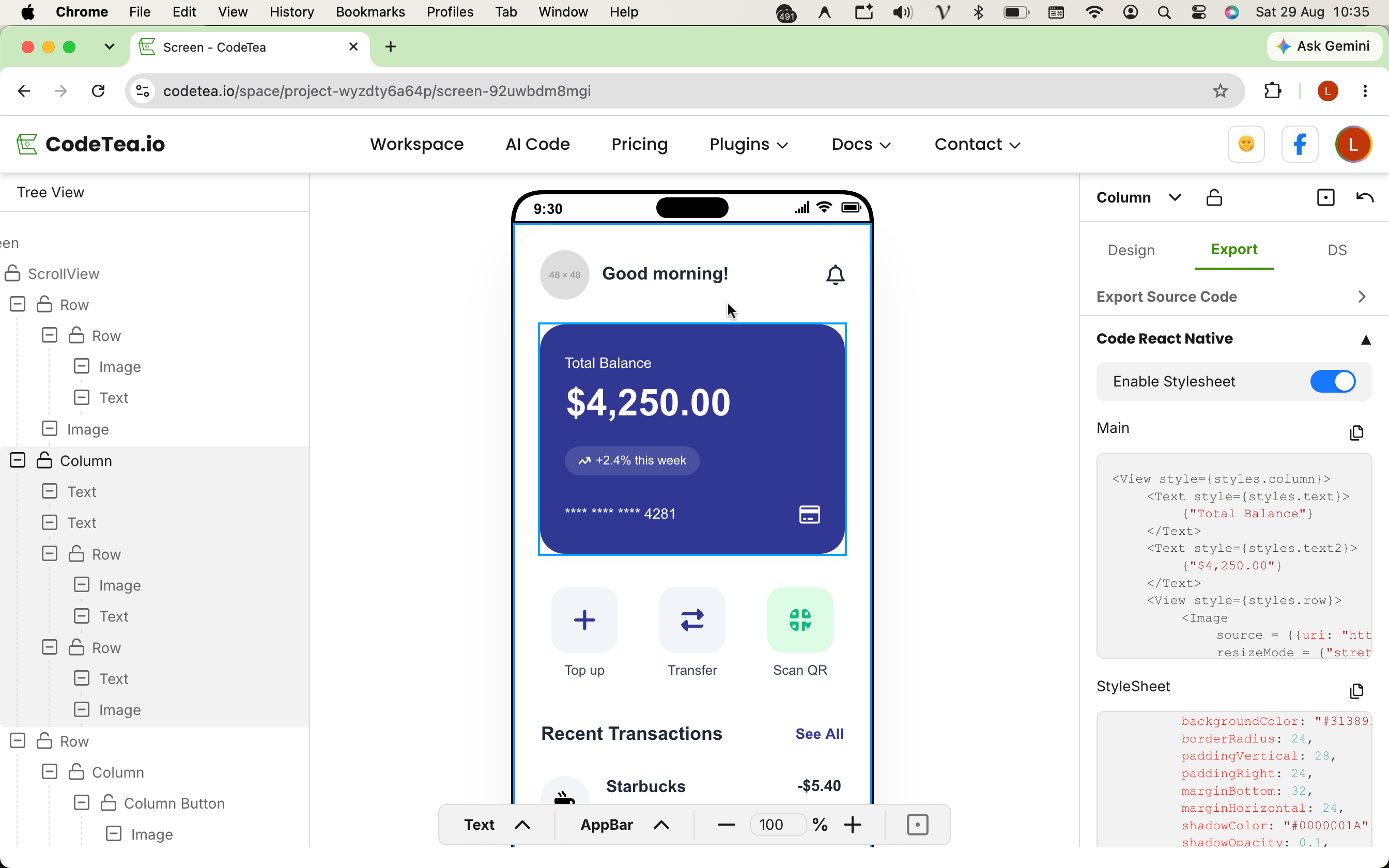 Result: view React Native code of individual components within a screen by clicking a component.