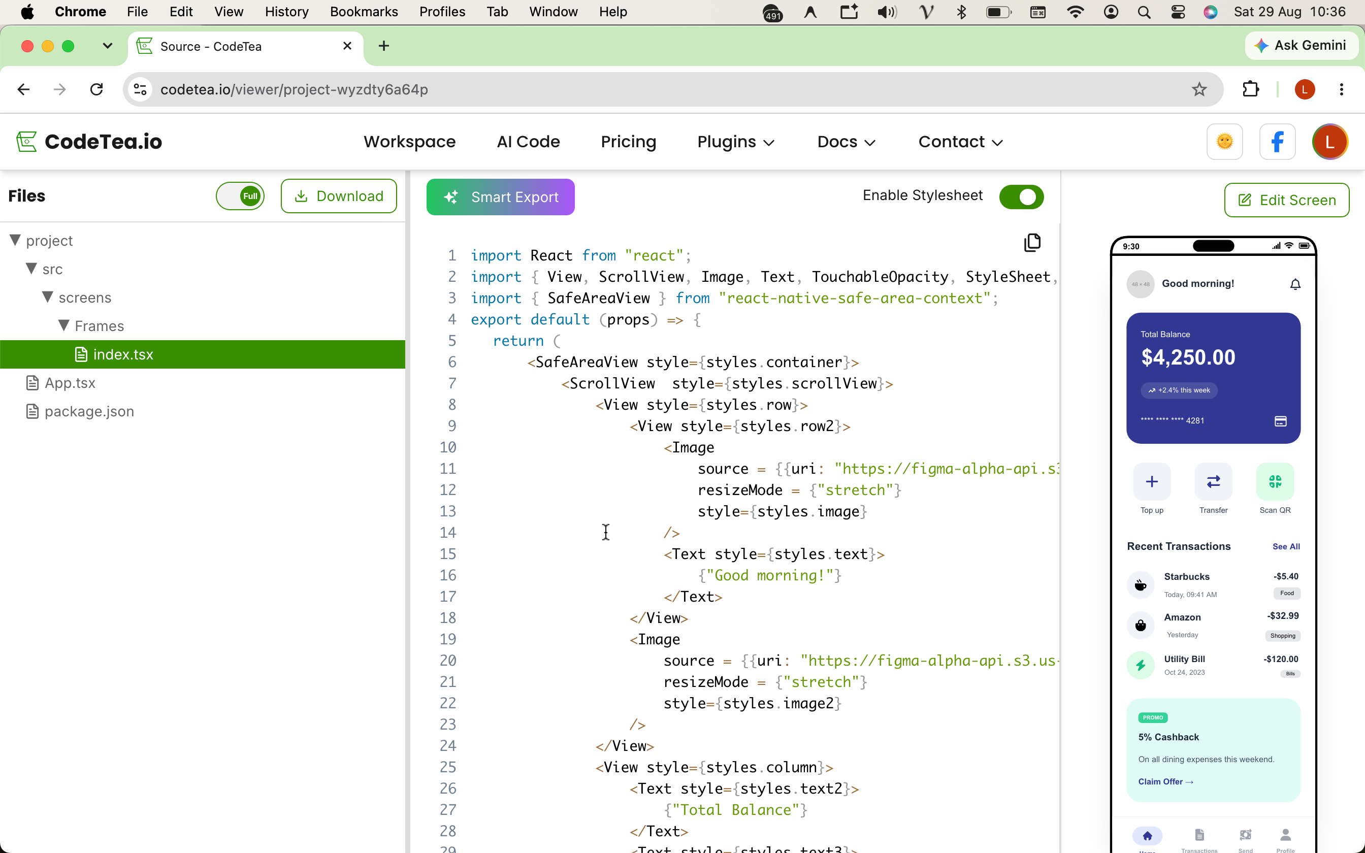 Result: view React Native code of an entire screen.