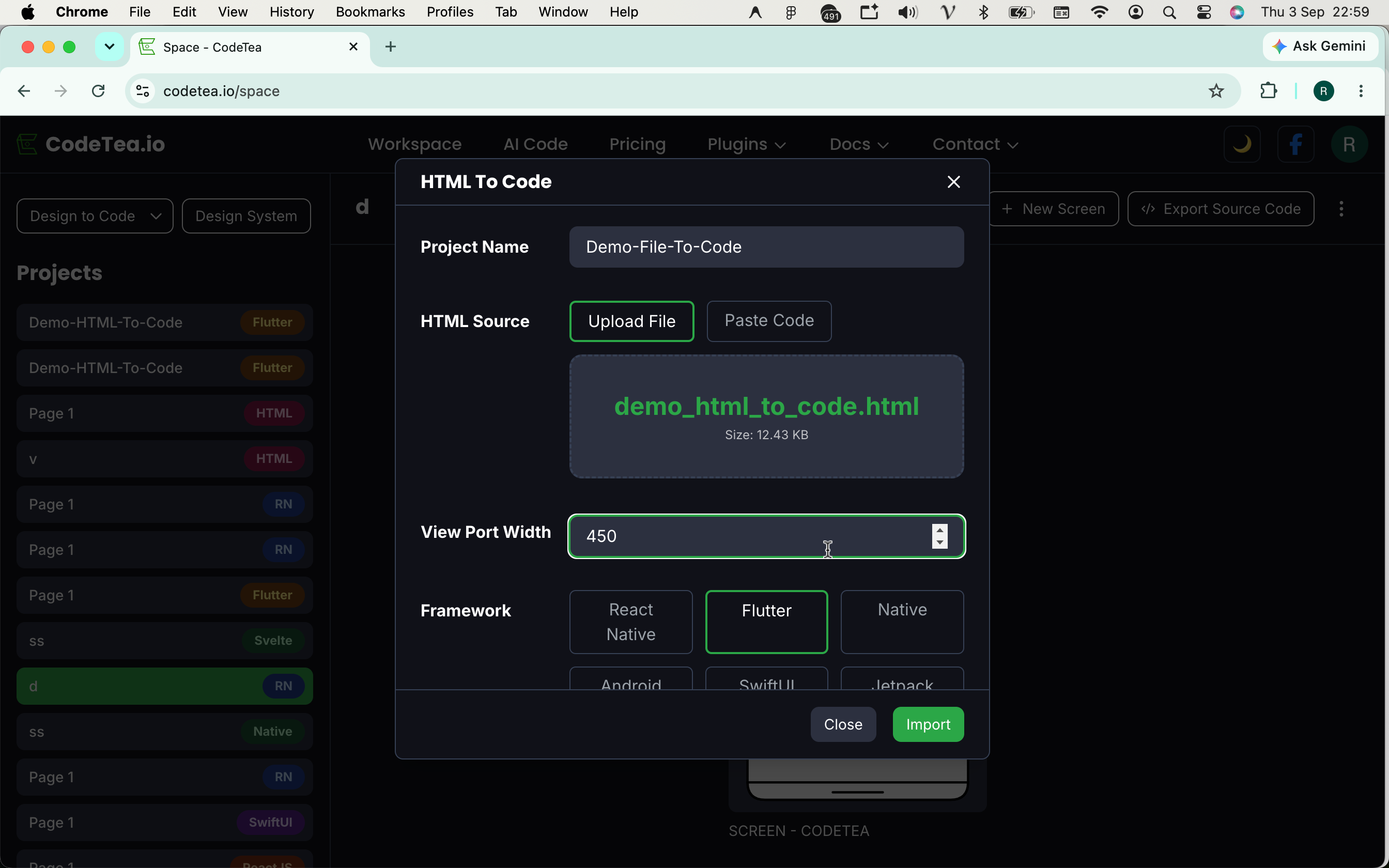 Step 2: Enter your project name, upload the HTML file, adjust the Viewport Width, choose your target Framework, and click Import.
