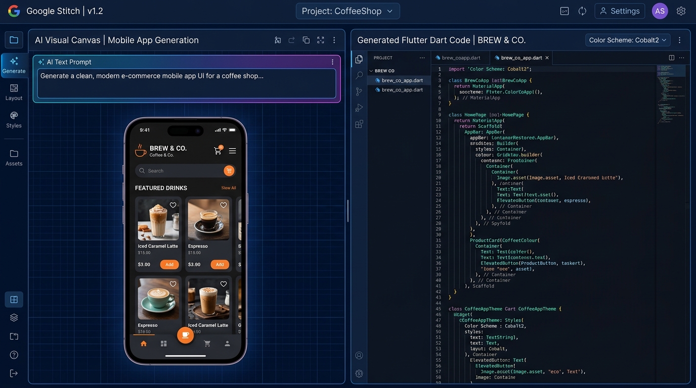 AI UI design canvas and handoff in Google Stitch