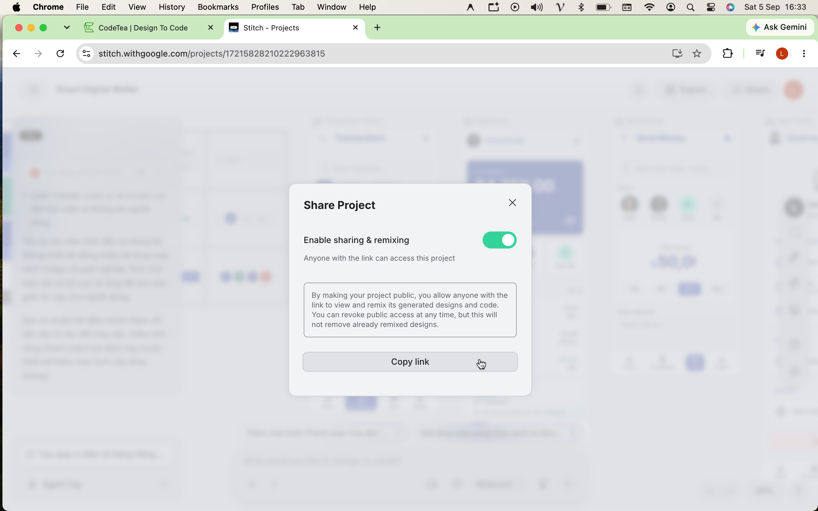 Step 1: Finish your generative UI prompt in Google Stitch and copy the project share link.