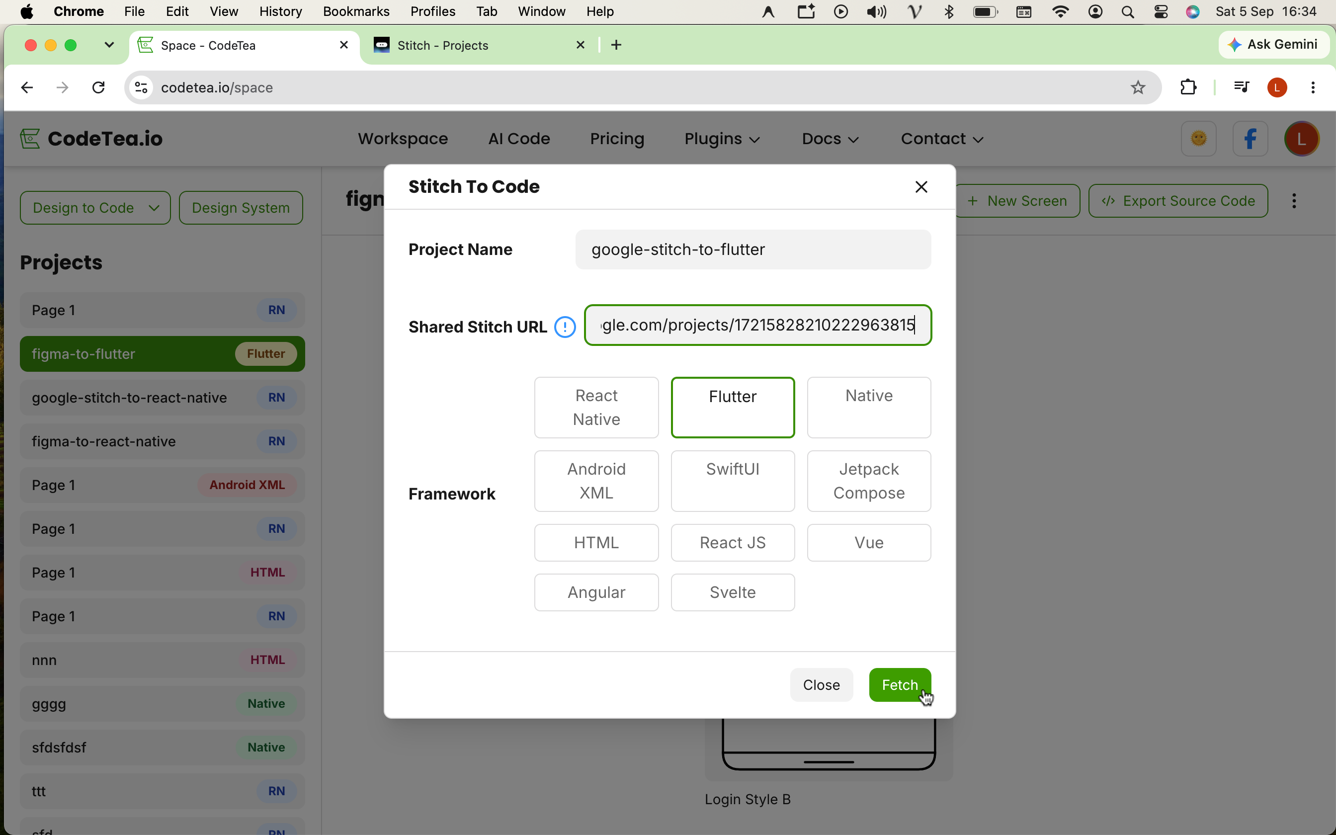 Step 2: Paste the Google Stitch link into CodeTea and choose Flutter as your framework.