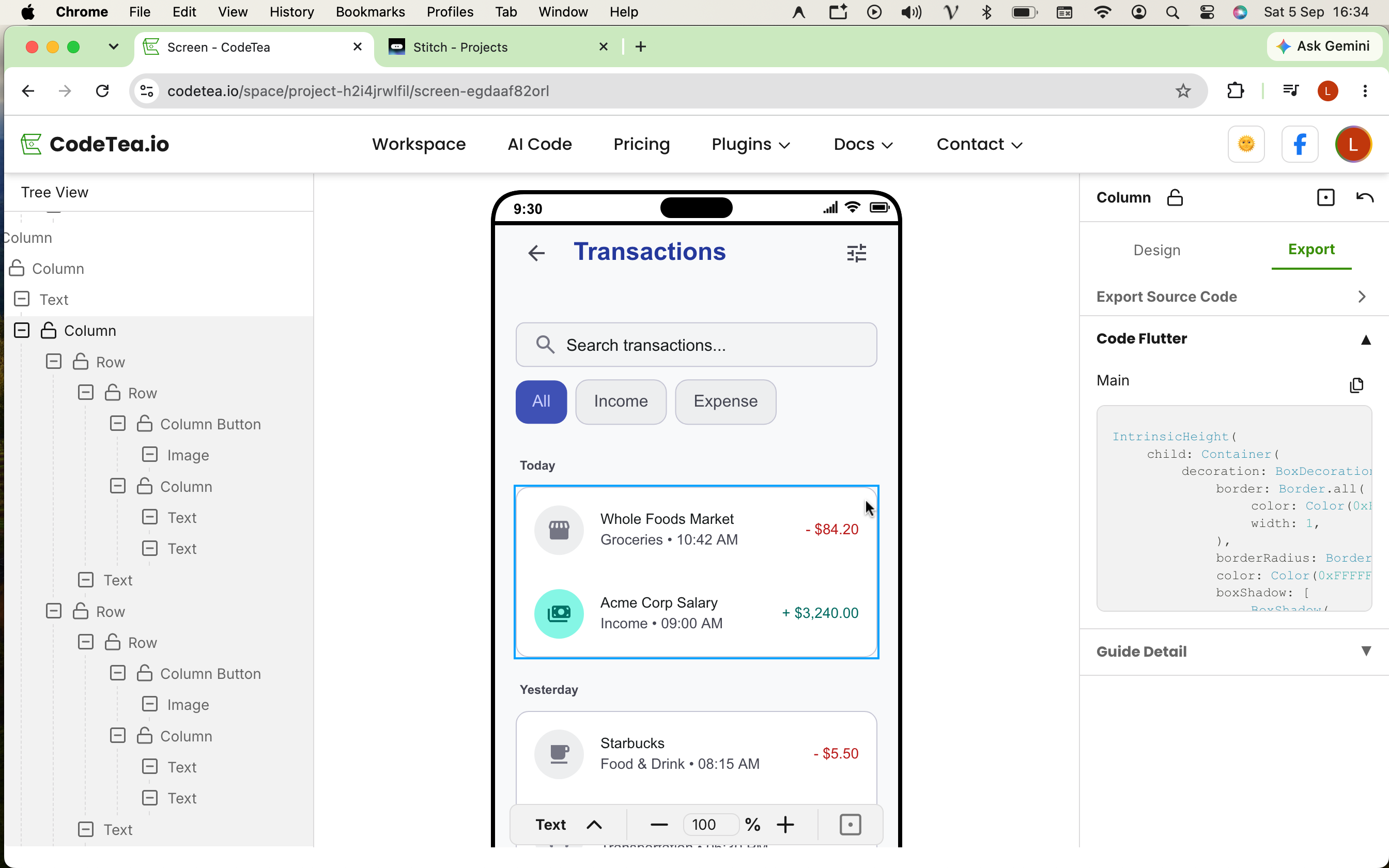 Step 4: Inspect individual Flutter components or export the whole screen.