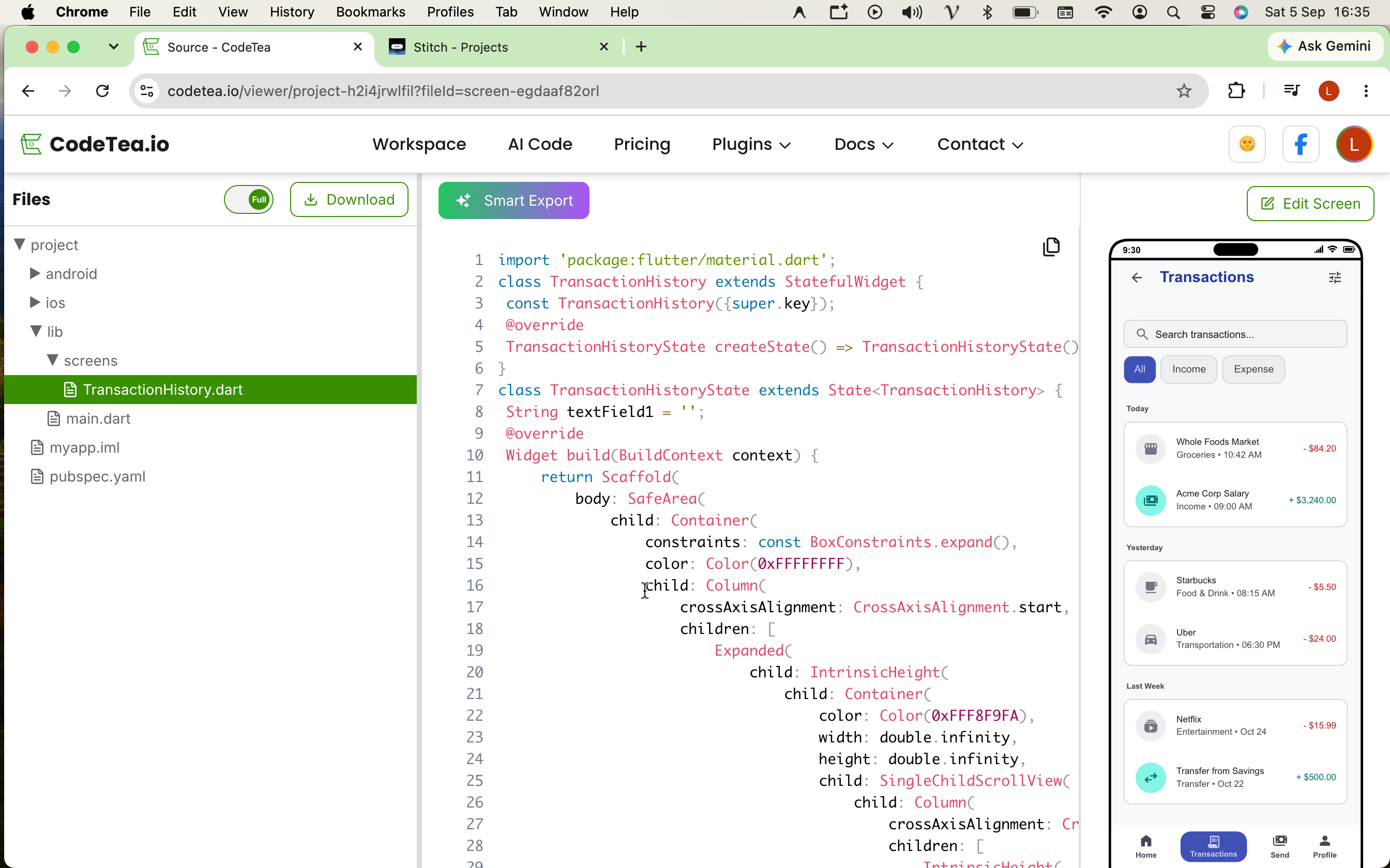 Step 5: Export the entire screen into fully functional Flutter source code with a clean Widget tree structure.