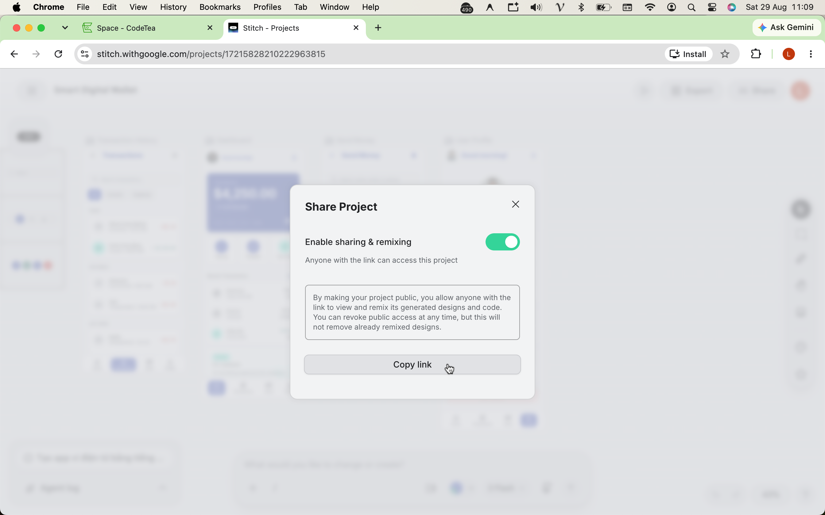 Step 1: After finalizing your AI-generated UI on Google Stitch, click the Share button to copy your project link.