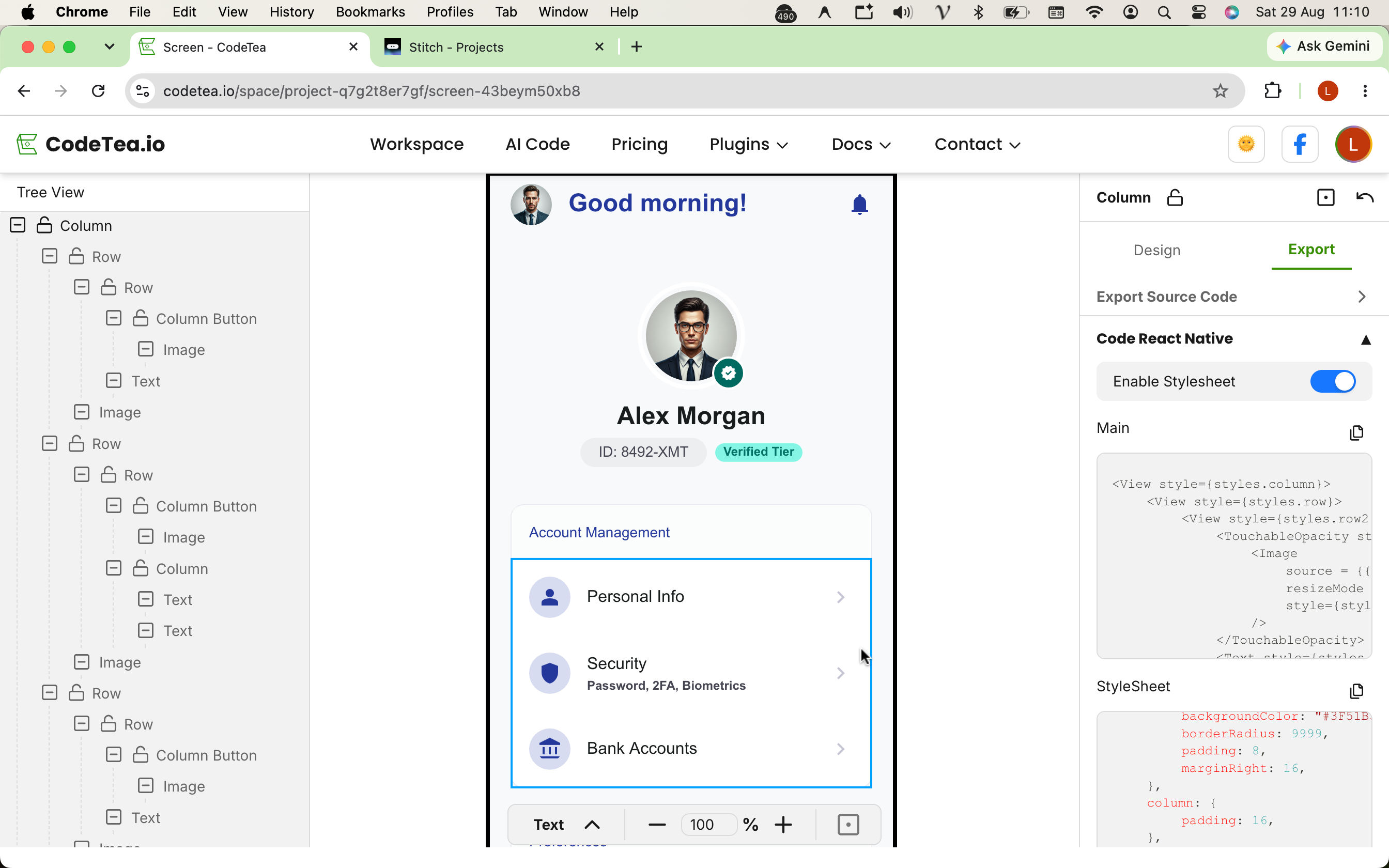 Step 4: Click on any individual Component on the interface to preview its isolated React Native code snippet.