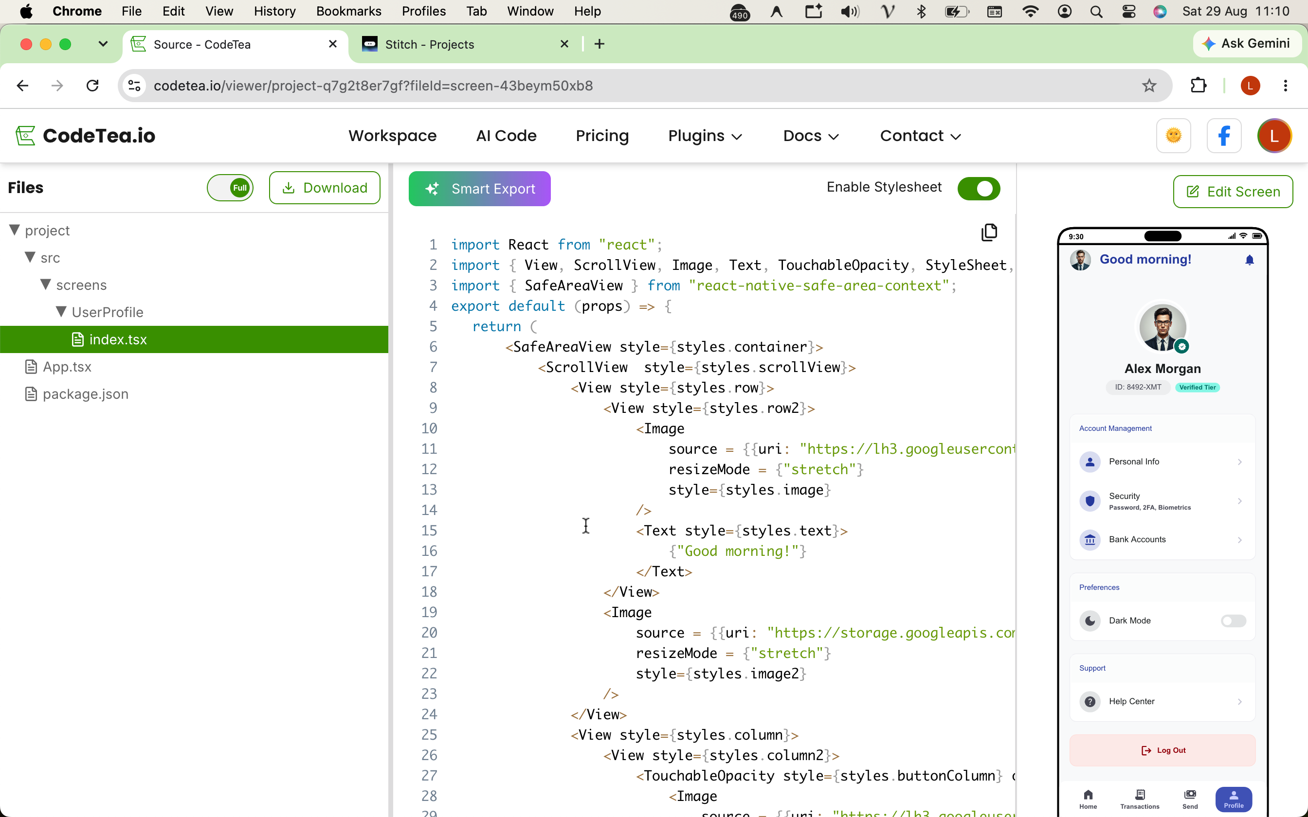 Step 5: Export the entire screen into fully functional React Native source code with a clean Flexbox structure.